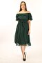 Women's Madonna Collar Belted Emerald Green Chiffon Dress - 3