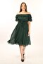Women's Madonna Collar Belted Emerald Green Chiffon Dress