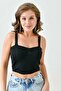 Women's Stretchy Ribbed Fabric Strapless Neckline Black Cropped Blouse 8802 - 5