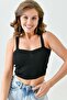 Women's Stretchy Ribbed Fabric Strapless Neckline Black Cropped Blouse 8802 - 8