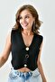 Women's Stretchy Knitwear Fabric Stylish Button Design Black Basic Crop Vest 9902 - 4