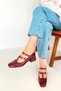 Women's Mary Jane Burgundy Patent Leather Closed Back Double Tape Square Toe Helmet Short Block Heeled Shoes - 2