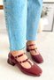 Women's Mary Jane Burgundy Patent Leather Closed Back Double Tape Square Toe Helmet Short Block Heeled Shoes - 4