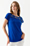 Cobalt Blue Lace Laced Viscose Short Sleeve Women's Blouse - 8