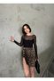 Women's Short Front Buttoned Brown Black Color Leopard Patterned Lycra Mini Denim Skirt - 6
