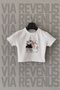 Cat Printed Slim Fit Crew Neck Stretch Fabric White Cropped