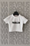 Problem Printed Slim Fit Crew Neck Stretch Fabric White Cropped