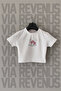 Cat Printed Slim Fit Crew Neck Stretch Fabric White Cropped