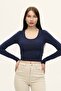 Women's Indigo Blue Crew Neck Long Sleeve Crop Blouse - 2