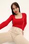 Women's Red Square Neck Long Sleeve Crop Blouse - 6