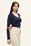 Women's Indigo Blue Crew Neck Long Sleeve Crop Blouse - 5