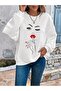 White Oversized Unisex Crew Crew neck Sweatshirt with Red Lipstick and Woman's Printed and "Shush" Symbol
