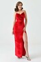 Velvet Fabric, Low-cut and Slit Detailed Red Maxi Evening Dress with Stone Straps 582335 - 8