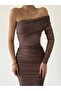 Brown One-Shoulder Tulle Draped Dress - 7