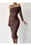 Brown One-Shoulder Tulle Draped Dress - 8