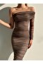 Brown One-Shoulder Tulle Draped Dress - 2