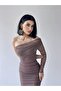 Brown One-Shoulder Tulle Draped Dress - 3