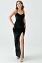 Velvet Fabric, Low-cut and Slit Detailed, Strappy Black Maxi Evening Dress 582689 - 5
