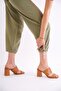 Women's Crocodile Skin Patterned Square Toe Thick Heeled Strappy Tan Sandals - 2