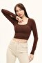 Women's Brown Square Neck Long Sleeve Crop Blouse - 4