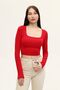 Women's Red Square Neck Long Sleeve Crop Blouse