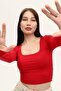 Women's Red Square Neck Long Sleeve Crop Blouse - 3