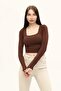 Women's Brown Square Neck Long Sleeve Crop Blouse - 3