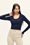 Women's Indigo Blue Crew Neck Long Sleeve Crop Blouse - 3