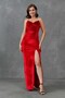 Red Velvet Fabric Scoop Neckline and Slit Detailed Stone Strap Design Maxi Dress 582335