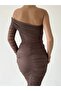 Brown One-Shoulder Tulle Draped Dress - 6