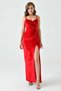 Velvet Fabric, Low-cut and Slit Detailed, Strappy Red Maxi Evening Dress 582689 - 7