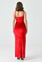 Women's Velvet Fabric Strap Red Maxi Dress with Chest Cutout and Slit Detail582689 - 3