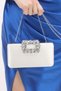Pearl Color Satin Fabric Flower Motif Stone Hand and Strap Evening Dress Portfolio Clutch Evening Bag - 3