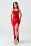Women's Velvet Fabric Strap Red Maxi Dress with Chest Cutout and Slit Detail582689