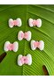 4x3 cm, 6-piece embossed bow/emblem applique sewing accessory, Pink.