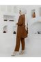 Women's Brown Stone Embroidered Linen Fabric Top and Bottom Set - 2