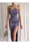 Thin Strap Draped Satin Lilac Dress - 4