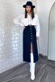 Navy Blue Tasseled Button Detailed Jean Denim Skirt - 2