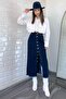 Navy Blue Tasseled Button Detailed Jean Denim Skirt