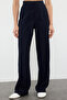 Lacivert Keten GörünümlüWide Leg/Geniş Paça Yüksek Bel Dokuma Pantolon TWOSS24PL00169 - 4