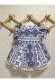 Ruffle and Lace Detailed Ethnic Patterned Blue and White Baby Girl Dress - 3