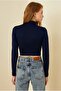 Navy Blue Women's Crop Blouse - Long Sleeve, Half Turtleneck - 3