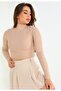Winter Beige Women's Long Sleeve Half Turtleneck Crop Blouse - 3