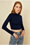Navy Blue Women's Crop Blouse - Long Sleeve, Half Turtleneck - 6