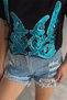 Women's Black Blue New Season Complete Sequin Embroidered Tassel Design Cotton T-Shirt - 2