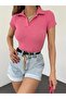 Fitted Pink Polo Neck Short Sleeve Camisole Crop Blouse - 5