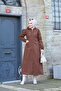 Brown Striped Women's Long Trench Coat with Front Pocket and Self-Lining Waterproof