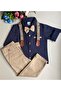 Boy's Oxford Navy Blue Shirt and Bow Tie Beige Suit