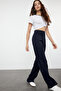 Lacivert Keten GörünümlüWide Leg/Geniş Paça Yüksek Bel Dokuma Pantolon TWOSS24PL00169 - 3
