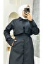 Black Women's Trench Coat with Lined Inside and Button Detail - 4